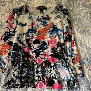 Peck & Peck Long Sleeve Floral Top - Pink, Blue, Black